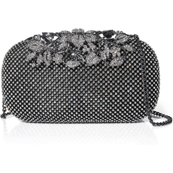 Crystal Evening Bag Rhinestone Formal Clutch Black Silver - Picture 1 of 6